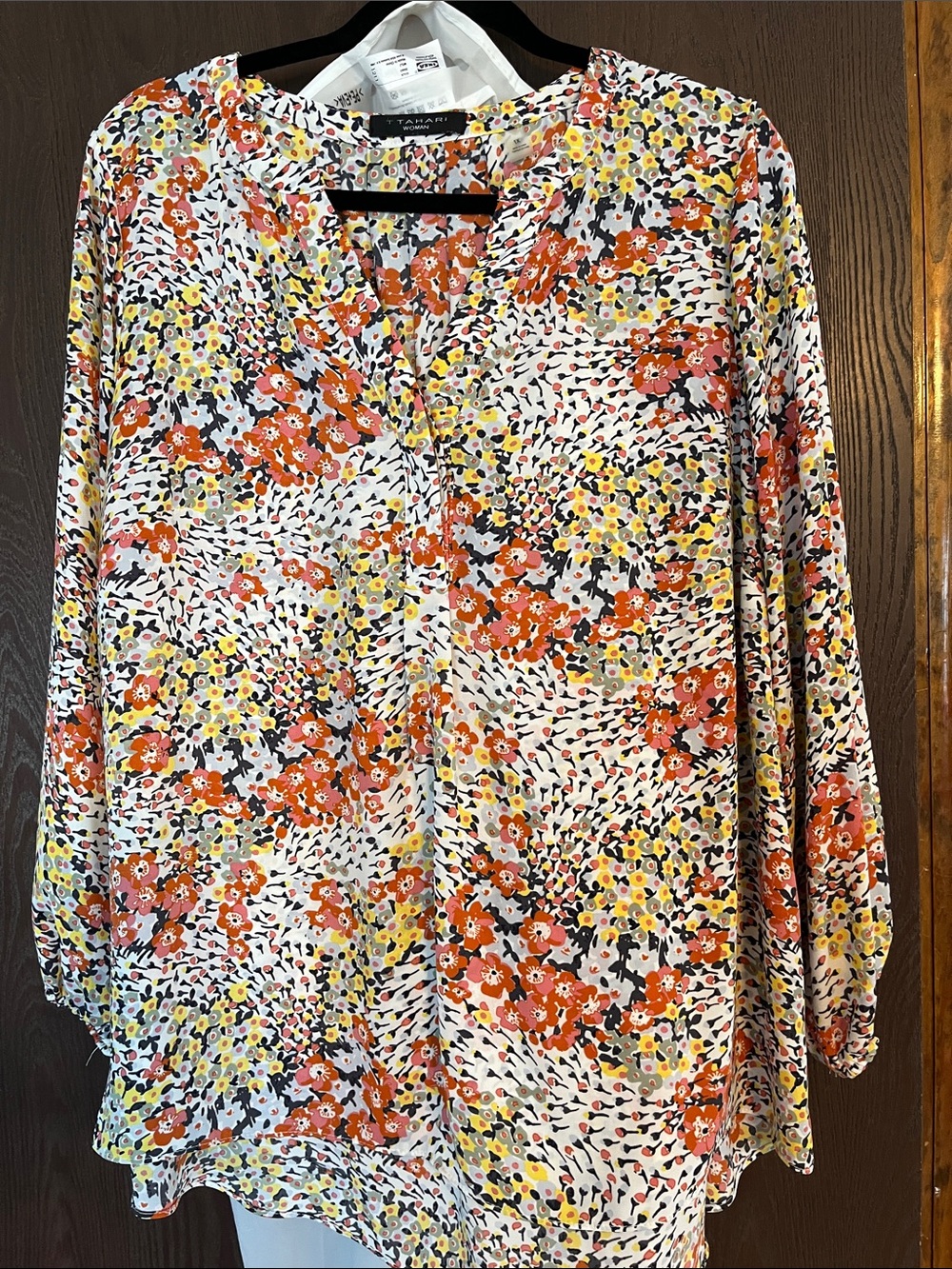 Tahari White Blouse with pink & Yellow Floral Print